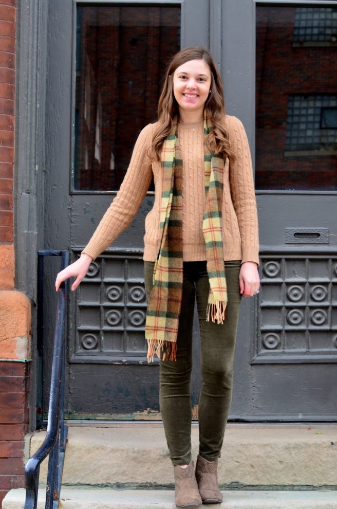 Green Cords, Tan Sweater, Ankle Boots, Plaid Scarf_1506