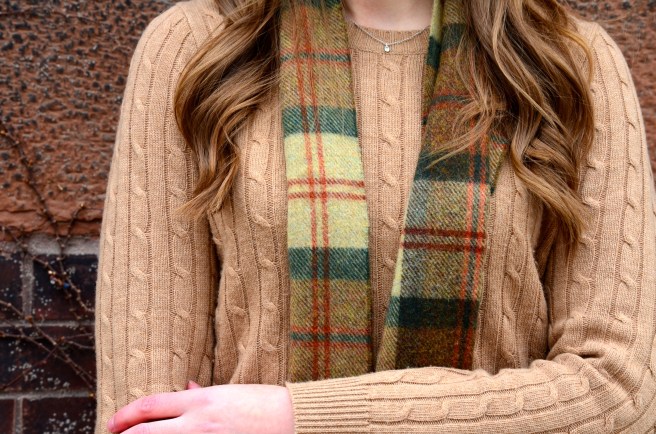 Green Cords, Tan Sweater, Ankle Boots, Plaid Scarf_1512