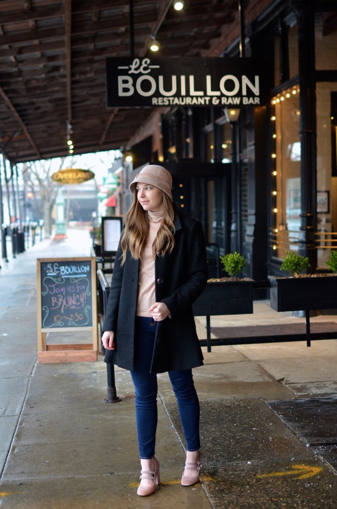 Pink Hat, Turtleneck, Black Coat